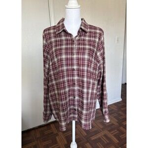 Kate & Sam Women's Wine & Beige Plaid Button Down Shirt With Beige Lace Accents